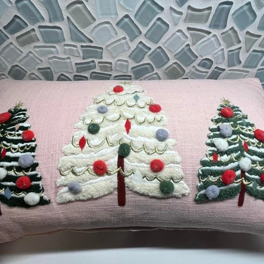Christmas Pillows embroidered pink green tree and blue and wite snowman scene